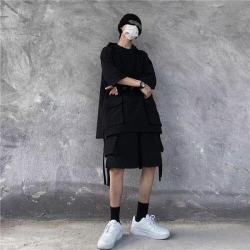 Streetwear Men Clothes Summer Cargo Shorts Set Two Piece Loose Tracksuit Short Sleeve Oversized T-shirts Mens Set Male Outfits
