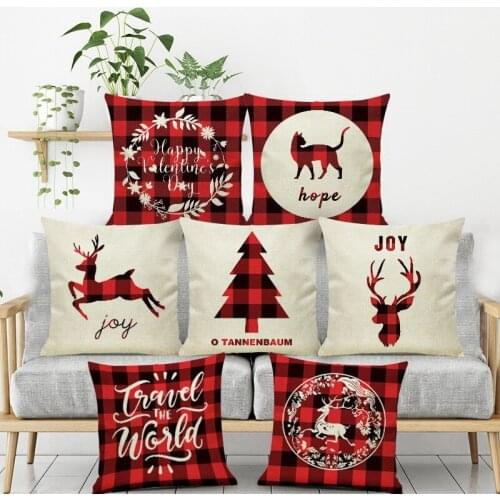 Red Pillow Cover Letter Christmas Tree Deer Print Sofa Pillow Cover Peach Skin Plush Cushion Household Products