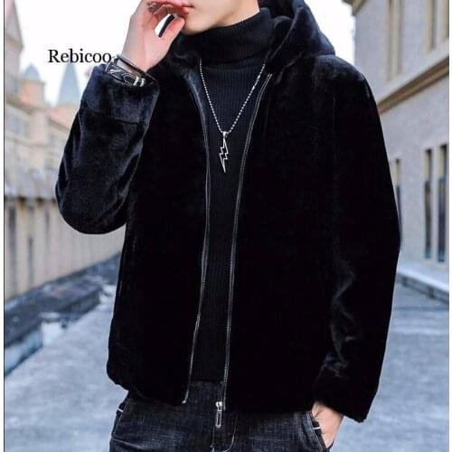 Solid Black Hooded Jacket Men Double-Faced Fur Cashmere Faux Leather Coat Slim Fit Warm Plus Size 4XL Luxury Clothes 2020 New