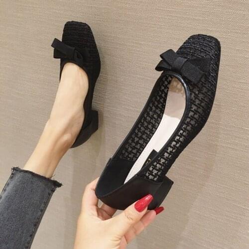 Breathable Mesh butterfly-knot square toe moccasins woman flats shallow slip on women shoes thick low heels loafers femme 2020