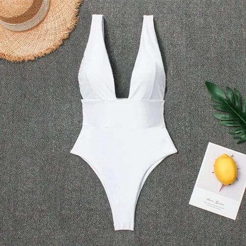 Deep V Neck Monokini Plunging Thong Bathing Suit Women One Piece Swimsuit Bodysuit White Women Swim Wear Female Sex Swimwear