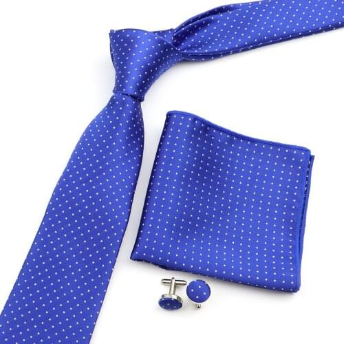 Mens Polyester Tie Set Blue White Skinny Classic Jacquard Woven Necktie Pocket Square Cufflink Party Wedding Fashion Design