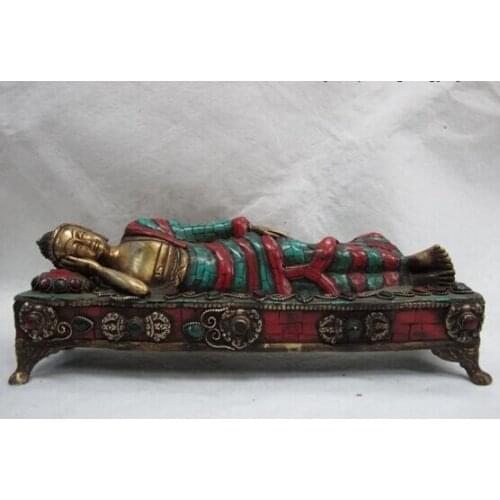 Song voge gem S0232 Tibet Copper Gild inlay coral turquoise ruby beryl rest sleep Sakyamuni Buddha