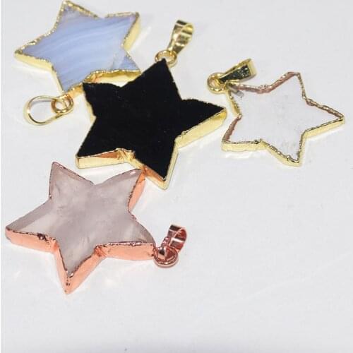 Natural Rose Clear Crystal Quartz Blue Chalcedony Black Obsidian Star Pendant 2019 Slice stone necklace pendant women as gifts