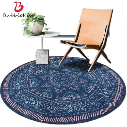 Bubble Kiss Blue Retro Style Geometric Pattern Round Carpet Purple Line Home Decor Area Rugs for Living Room Customized Mat