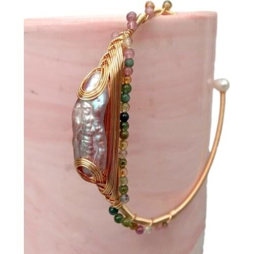 YYGEM Freshwater Cultured Purple Biwa Pearl White Pearl Natural Multi Color Round Tourmaline HandMade Bangle Braclet Adjustable