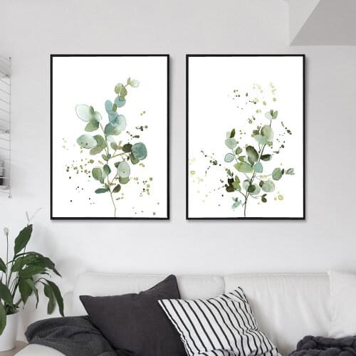 Green Leaves Ink Effect Canvas Painting on The Wall Nordic Style Print Waterproof Material Decor for Home