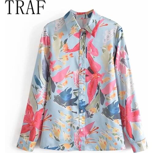 TRAF womens fashion 2021 fall French temperament Versatile Single breasted silk four side ink style Flower Print Shirt Top Wome