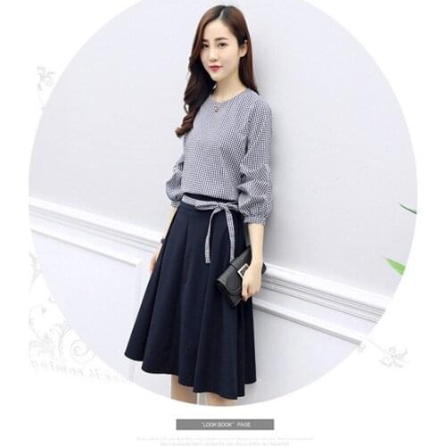 Female two pieces set fashion Women skirt set Checked Lantern Sleeve top skirt suit womens two pieces suit spring ladies sets