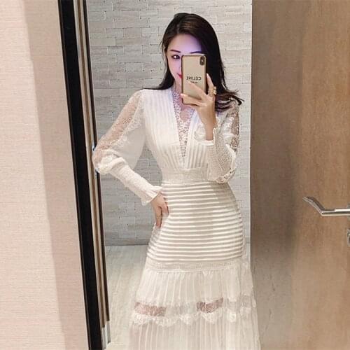 Fashion Designer Spring Elegant Dresses 2021 Dress Autumn Women V-neck Luxury Lace Patchwork Embroidery Sweet Midi Dress Female