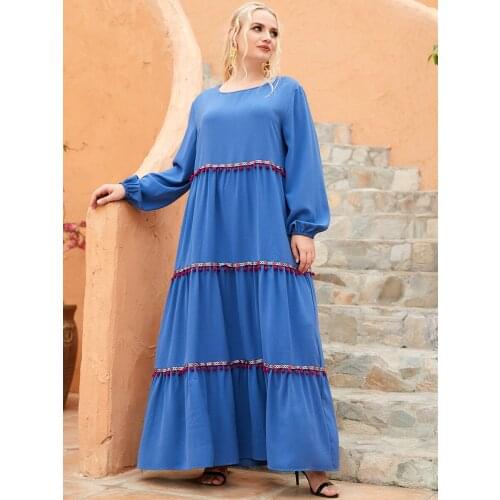 2021 Spring Autumn Dress Plus Size 4XL Women Long Sleeve Tassel Elegant Dress Blue Loose Big Size Maxi Long Party Dresses