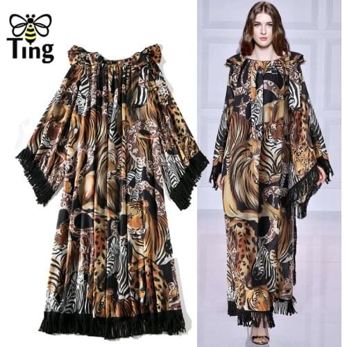 Tingfly Runway Fashion Tiger Leopart Animal Print Women Casual Loose Maxi Dress Relaxed Fit Tassel Lady Retro Vestidos Robes Za