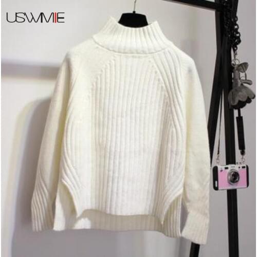 Winter Spring New Women Knitted Fashion Sweater Small Fresh Sweet Half Turtleneck Thick Irregular Hem Bottom Plus Size Pullover