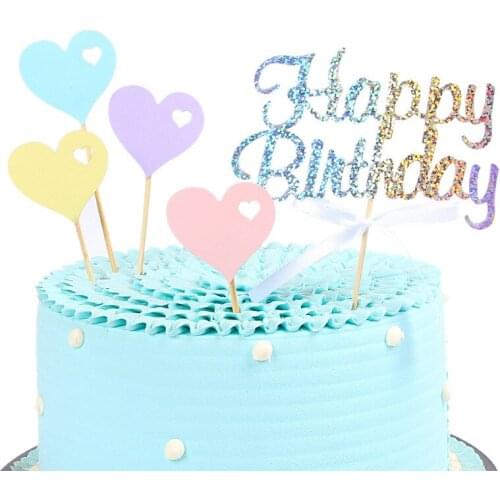 INS Glitter Happy Birthday Cake Topper Pink Love Heart Birthday Cupcake Topper Supplies for Kids Birthday Party Cake Decorations