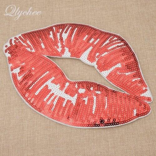 Large Size Sequins Red Lips Embroidered Iron On Patches DIY Craft Women Garment Bag Sewing On Decor Applique