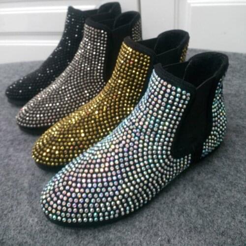 Ankle Boots Flat Womens Rhinestone High Top Round Toe Party Shoes Chic Crystal Bling New 2022