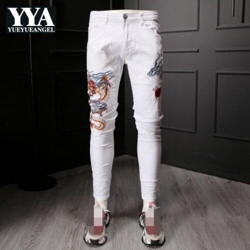 Summer White Jeans Men Chinese Style Embroidery Slim Denim Trousers Street Zipper Slim Frayed Casual Pencil Pants Male 28-36