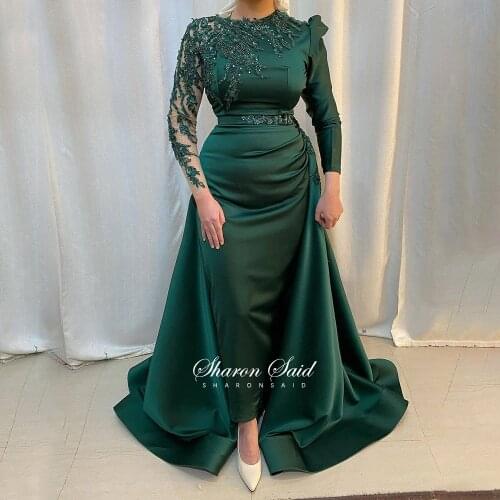 Emerald Green Long Sleeve Muslim Evening Dress with Detachable Train Arabic Formal Party Dresses for Women Wedding Guest Gowns