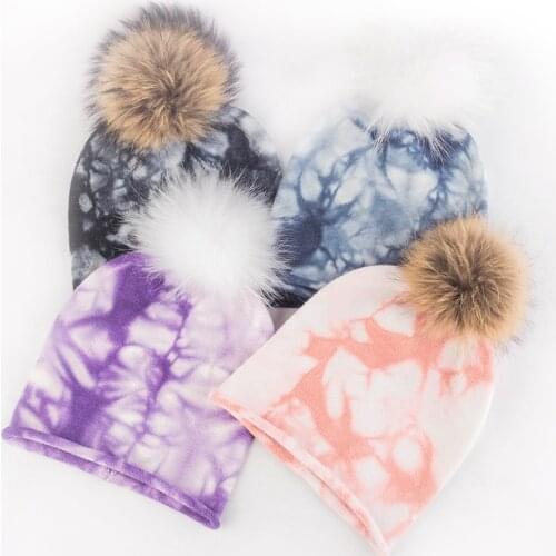 Geebro New Women Fashion Tie Dye Real Fur Pompon Beanie Hat For Female Wool Knitted Soft Warmer Cap Lady Luxury Skullies Bonnet