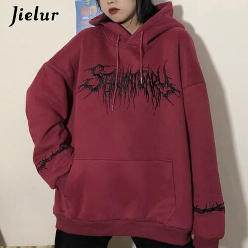 Jielur 2021 Winter Harajuku Women Hoodies Sweatshirt Cool Letter Embroidered Fleece Pullovers Hooded Street Fashion Red Hoodie