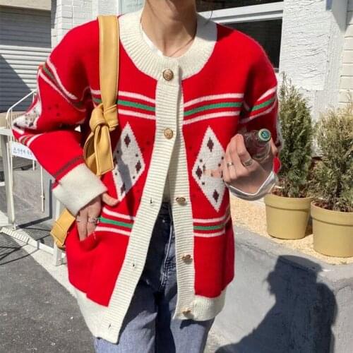 Womens Sweaters Warm Autumn Cardigan Rhomboid Splicing O-Neck Long Sleeve Button-Open Knitted Coat For Girls Streetwear Y2k