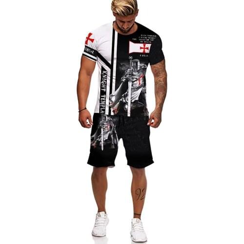 Knights Templar 3D Printed 2 Pieces Sets Fashion Casual Suit casual short-sleeved + shorts round neck tshirt Men clothing Tops