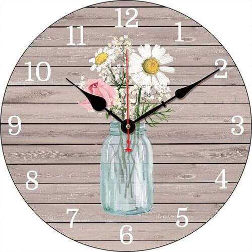 Round Wall Clock Daisy Flowers Realistic Vintage Sunflower Drawing Print Home Wall Watches Decorative 16Inch Battery Operated