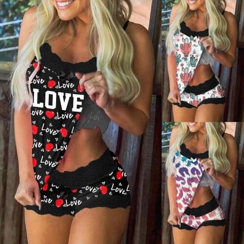 Fashion Cami Pijama Shorts Women Print Pajamas Sleeveless LaceLingerie Sleepwear Set Cami Top + Shorts Pajamas Sets Nightwear