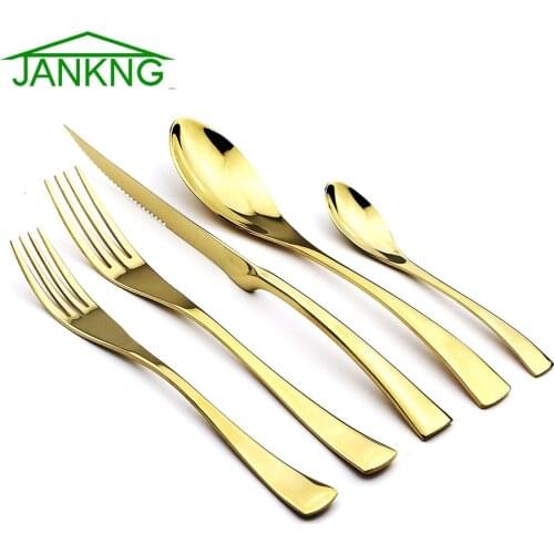JANKNG 1/ 4 Set Gold Flatware Set Serrated Knife Fork Spoon Cutlery 18/10 Stainless Steel Dinnerware Food Tableware Dessert Fork
