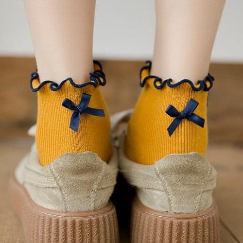 1PC Fashion Womens Japanese Cute Cotton Thin Socks Comfortable Breathable Solid Color Bow-Knot Fungus Lace Girls Casual Sox