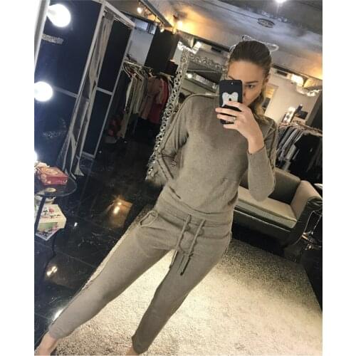 2020 O-neck Wool New Womens 2-piece Suit Knitted Cashmere Heavy Handmade Beaded Fashion Casual Loose Knit Two-piece Female
