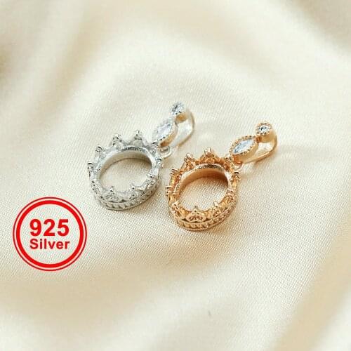 8x10MM Oval Crown Bezel Settings with CZ Stone Bail Solid 925 Sterling Silver DIY Pendant Charm Tray 1421092