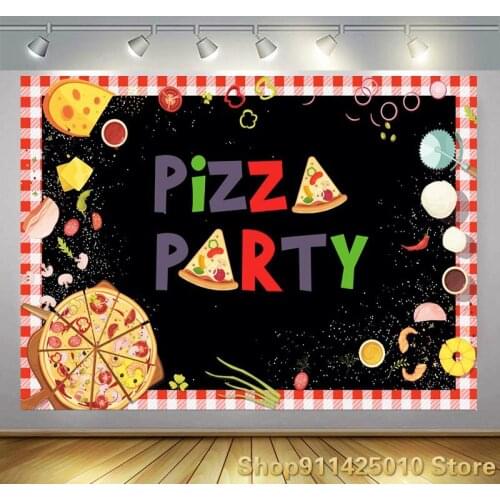 Pizza Red and White Plaids Black Background Boy Happy Birthday Party Decoration Photography Studio 3D Digital Photo Backdrop