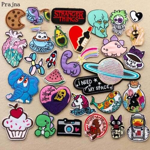 Prajna Cartoon Cat Dinosaur Animals Patches Embroidered Patches For Clothing DIY Iron On Cute Patches Stripes On Kids Clothes