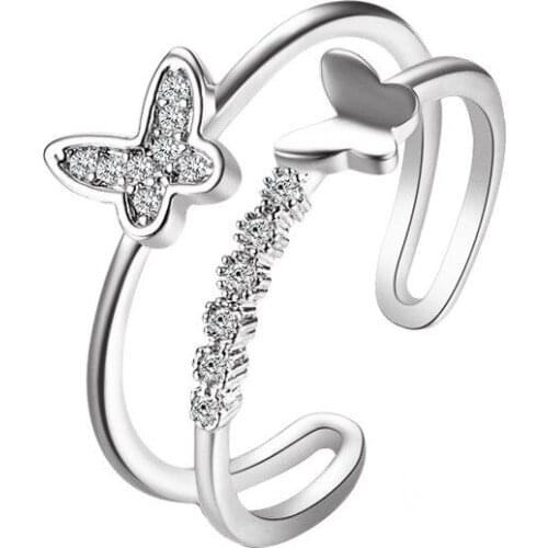 Romantic Wedding Accessories Open Rings Silver Color Austrian Crystal Butterfly Rings Women Engagement Jewelry Gift
