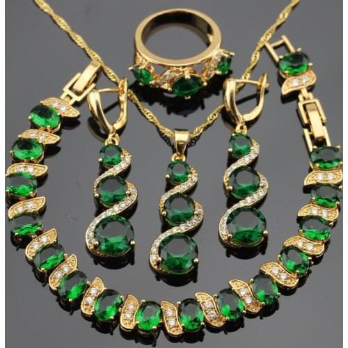 WPAITKYS Green Stones Gold Color Jewelry Sets For Women Party Bracelet Long Earrings Necklace Pendant Rings Free Gift Box