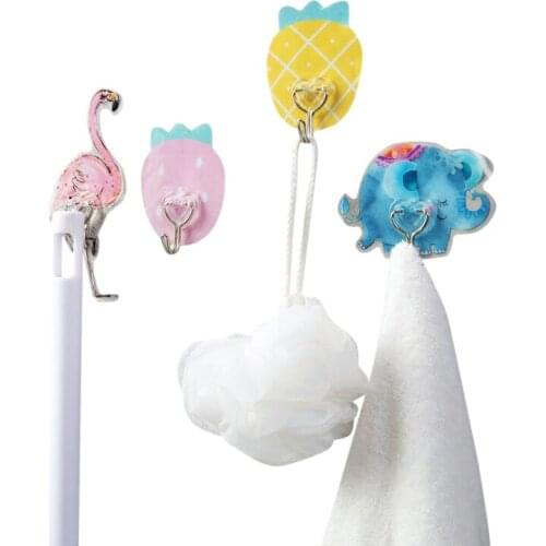 XZJJA 2Pcs Cute Flamingo Self Adhesive Wall Hooks Kitchen Bathroom Sundries Organize Rack Home Decor Cartoon Key Holder Crochet