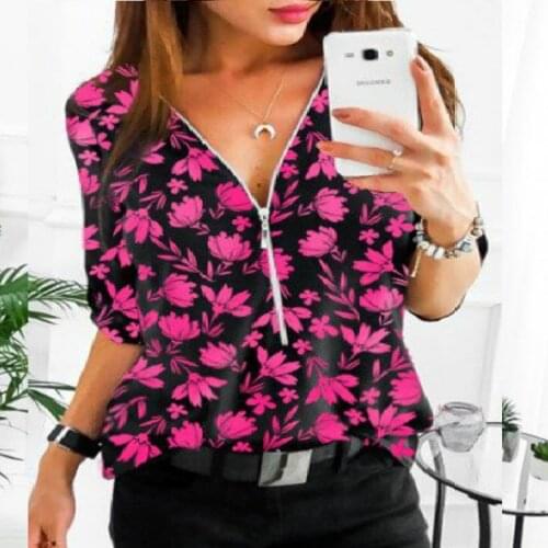 New Autumn Women Tops Blouses Long Sleeve Flroal Print Zipper V-Neck Blouse Female Casual Chiffon Shirts Plus Size Top 5XL Mujer