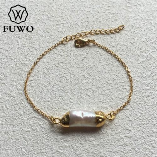 FUWO Exclusively Designed 24K Gold Filled Natural Freshwater Pearl Bracelet Female Elegant Pulsera Jewelry Christmas Gift BR503