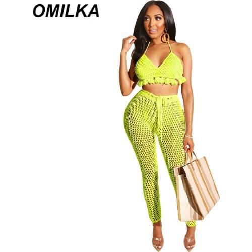OMILKA Lace 2 Piece Set Women 2019 Summer Tassel Backless Crop Top and Long Pants Set Ladies Club Beach Two Piece Outfits