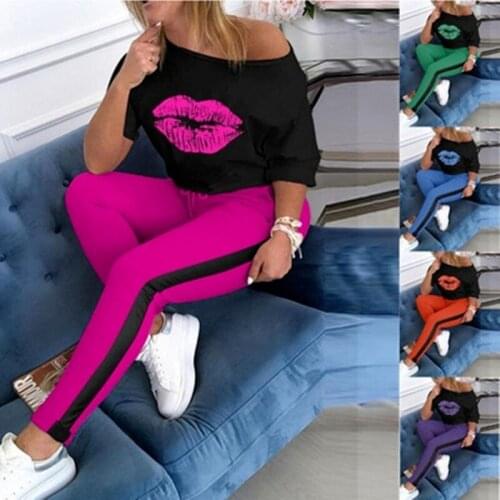 Echoine Lip Print Tracksuit Women Set One Shoulder Slim Sports Jogger Leisure Casual One Piece Set Plus Size Female