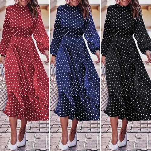 Boho Puff Sleeve Irregular Large Hem Polka Dot Printed Long Dress Elegant Women Vintage Stand Collar Long Sleeves Autumn Dress