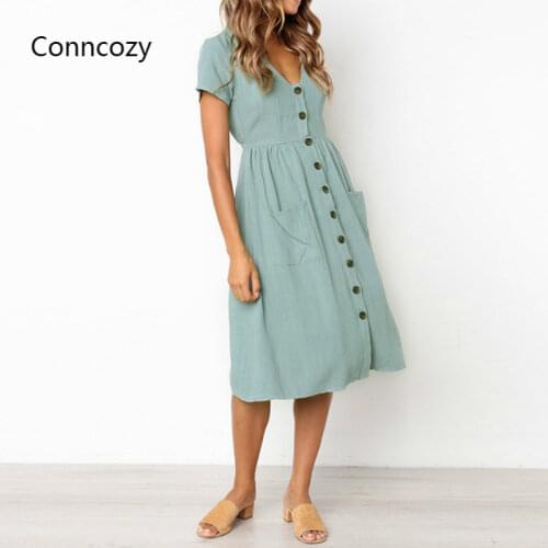 2020 New Summer Short Sleeve Button V Neck A Line Midi Dress Women Fashion Boho Beach Elegant Casual Party Dress Solid Vestido