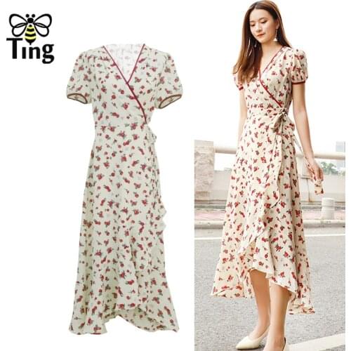 Tingfly Women Summer Vintage Floral Print Ruffles Wrap Arround Midi Long Dress Sexy Split Casual Boho Vestidos Trendy Dresses Za