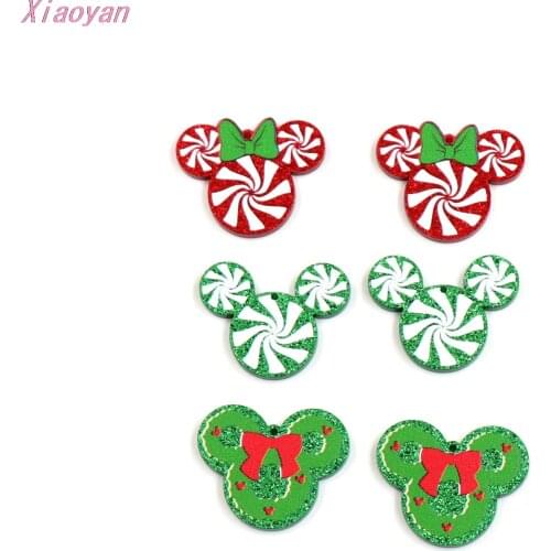 10pcs /lot) 30mm Christmas Jewelry Accessories Mouse Head With Bow Glitter Acrylic Candy Party DIY Gift