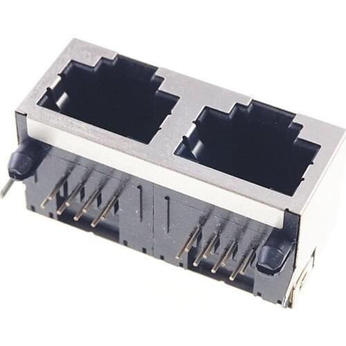 2pcs RJ45 Dual Port Shielded Modular PCB Jack 8P8C Right Angle Through Hole PCB Ethernet connector Tab Direction UP 2 Ports