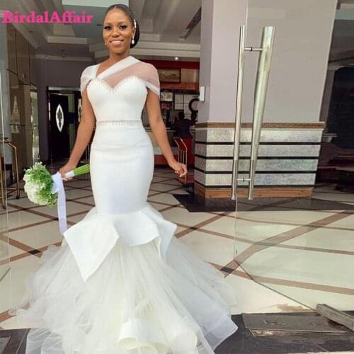 2021 New Arrival Cap Sleeves Mermaid Wedding Dresses Sweep Train Beads Pleats Garden Bride Gown Plus Size Custom