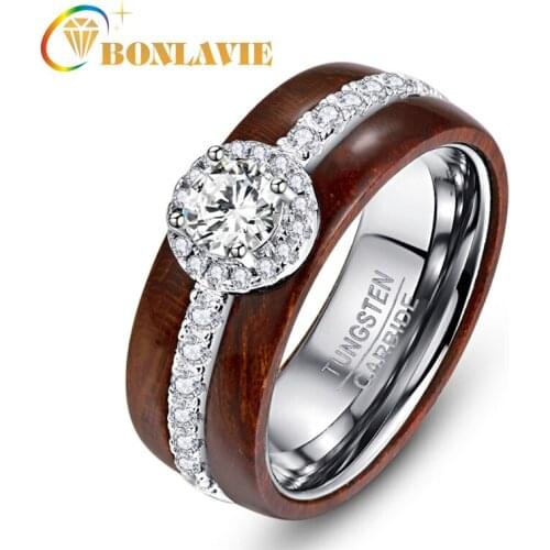 BONLAVIE Exquisite Tungsten Carbide Steel Ring with Zircon Real Polished Koa Wood Rings for Women Wedding Jewelry