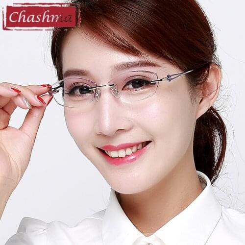Chashma Female Frame Blue Colored Lenses Opticos Gafas Women High Degree Super Light Eyeglasses Rimless Spectacles