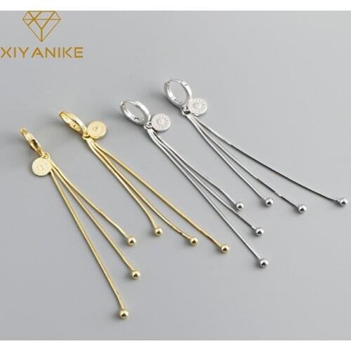 XIYANIKE 925 Sterling Silver Personality Long 18K Golden Tassel Hoop Earrings Female Trend Fashion Small Ball Punk Party Gift